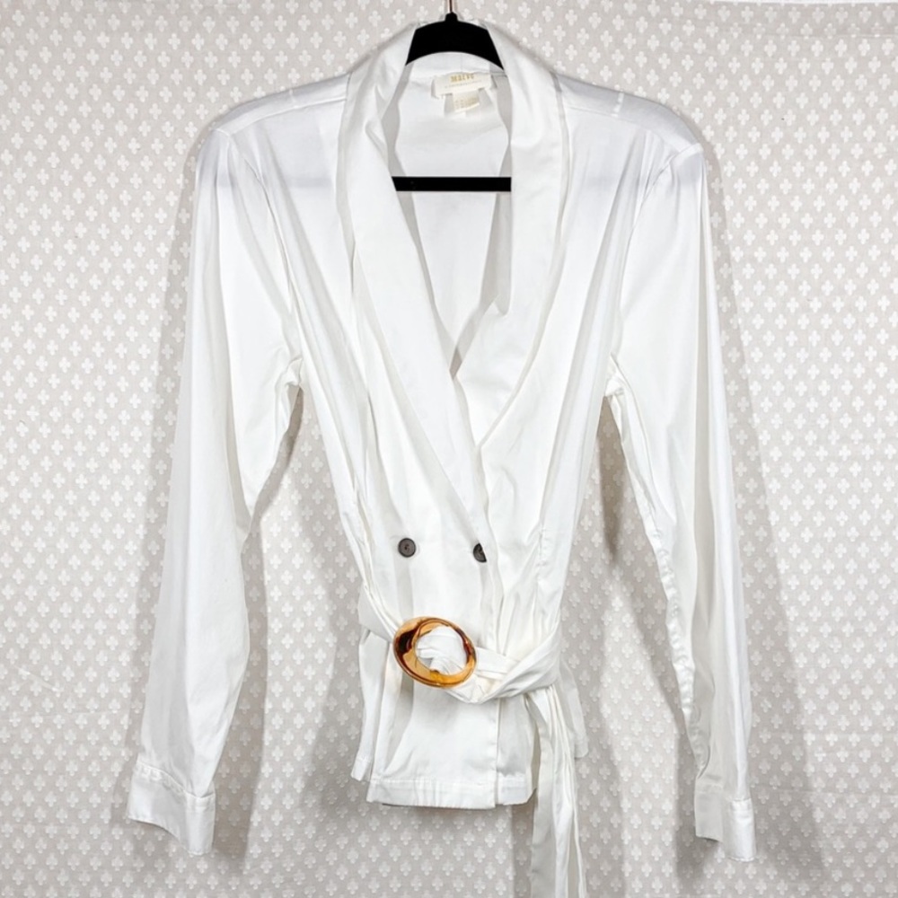 Anthropologie Maeve White Button Up Belted Pleated Top